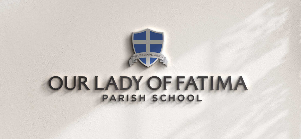 The new Our Lady of Fatima Parish School logo presented as an interior wall sign to offer context of how the mark is used in the school.