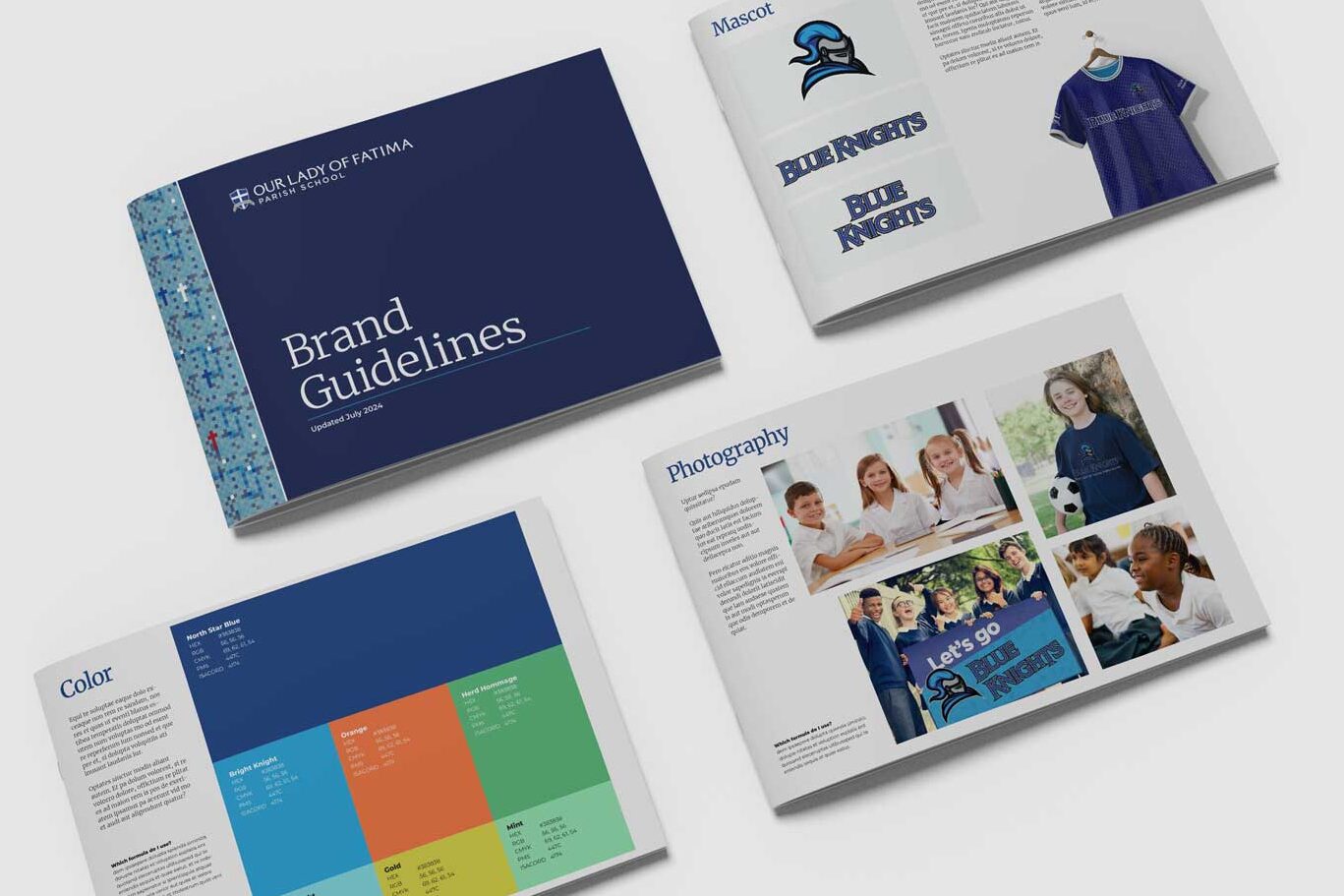 A presentation of sample pages from Our Lady of Fatima Parish School's Brand Guidelines includes the cover and pages that describe brand colors, photography, and the new mascot rendering.