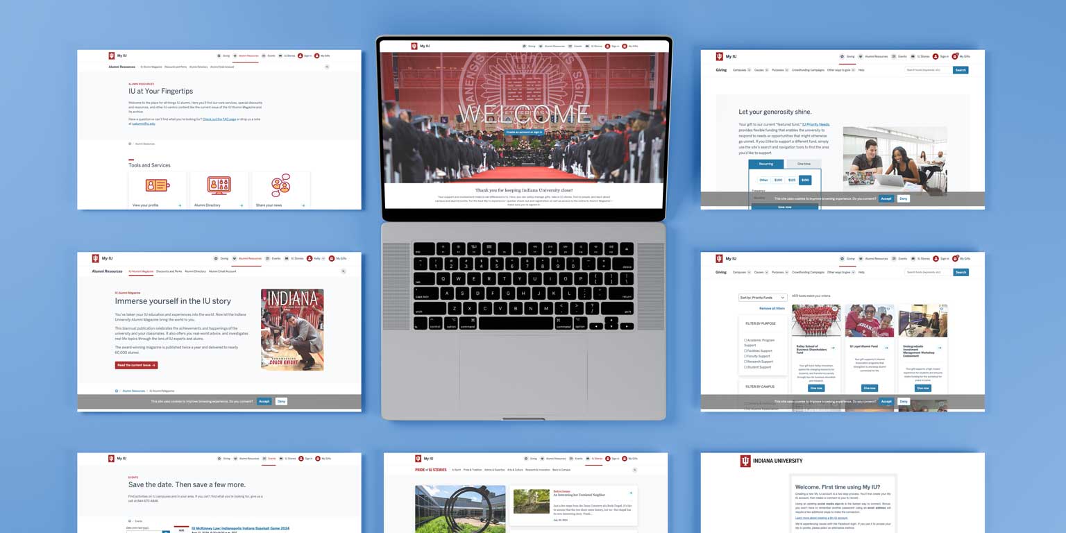 A laptop displays the home page of MyIU.org. Other screens from the site surround the laptop.