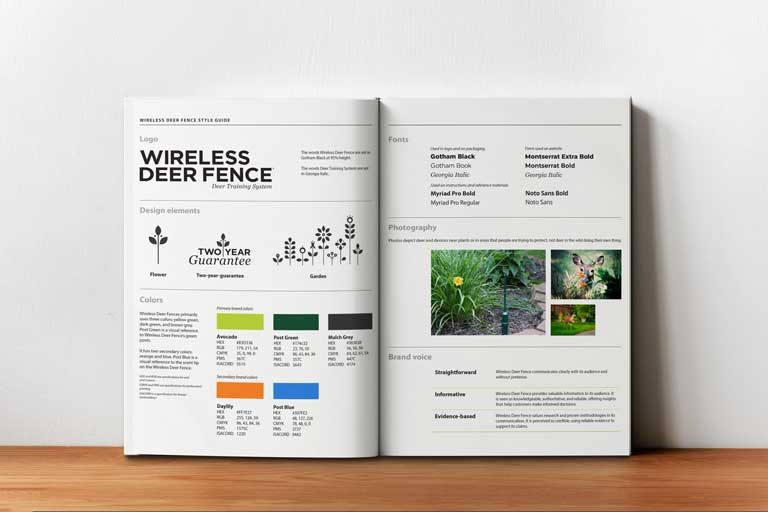 Layout from the Wireless Deer Fence brand book showing the logo, design elements, colors, fonts, photo style, and brand voice.